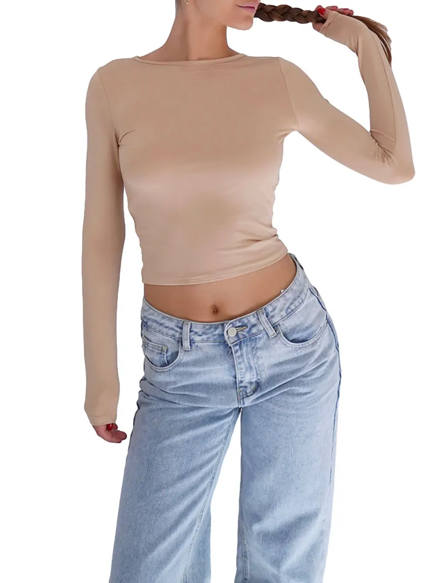 Женская футболка TETYSEYSH's с завязками на спине Y2k, Однотонные Укороченные Топы, Одежда с длинным рукавом И вырезом лодочкой